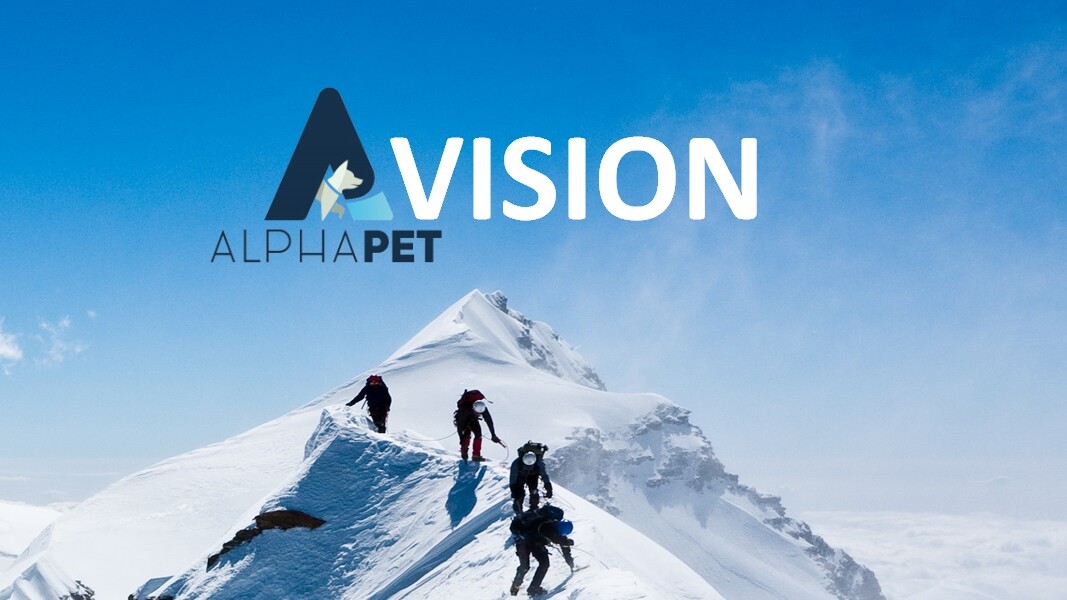 AlphaPet Vision Logo über einem verschneiten Berggipfel mit 4 Kletterern, welche diesen erreichen